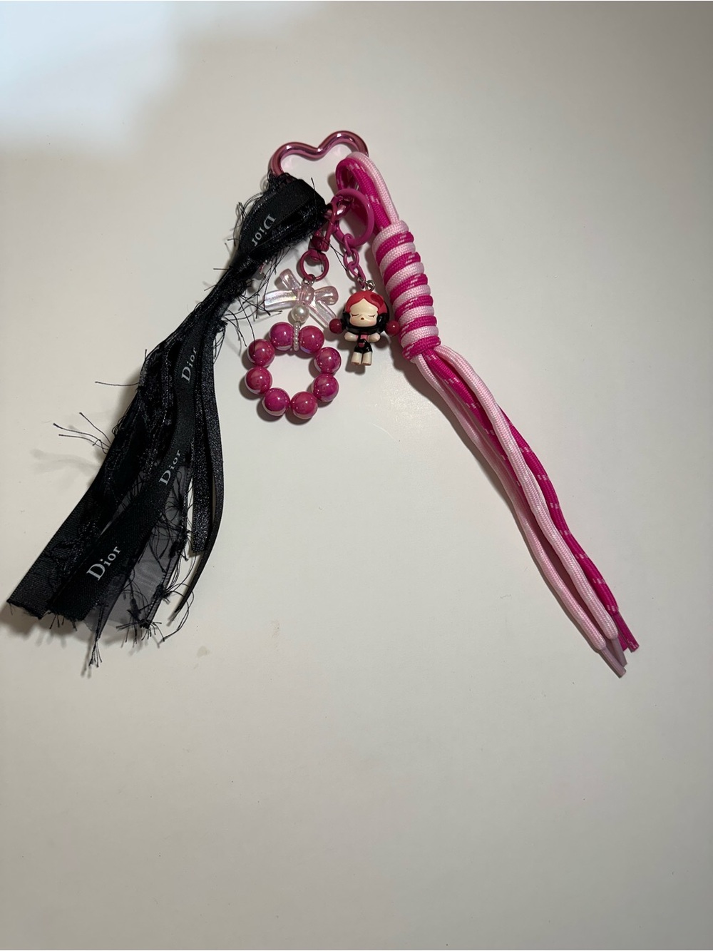 Pink Decorative Tassel Keychain with Charms - Dior Ribbon Accent